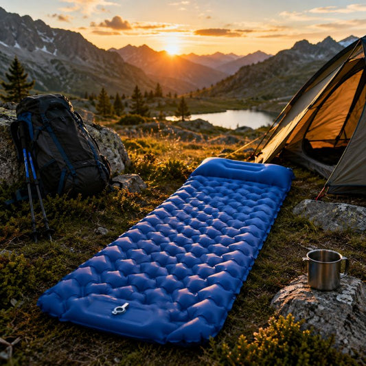 Matelas gonflable AeroTrek installé au bivouac après une longue randonnée.