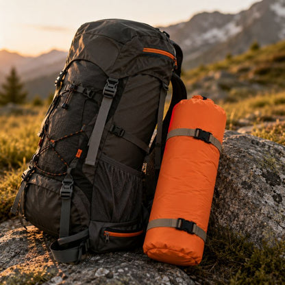 Matelas gonflable AeroTrek orange compact rangé près du sac randonnée.