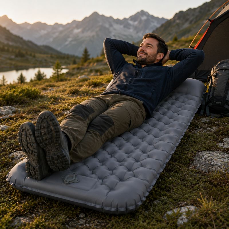Matelas gonflable AeroTrek gris offrant confort au randonneur en bivouac.
