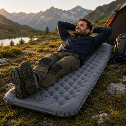 Matelas gonflable AeroTrek gris offrant confort au randonneur en bivouac.