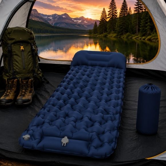 Matelas gonflable de camping bleu nuit avec oreiller intégré installé dans une tente face à un lac de montagne au coucher du soleil.