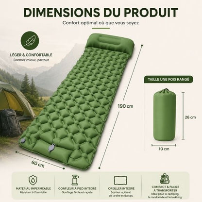 Matelas gonflable TrekRest vert de 190 x 60 cm avec oreiller intégré, présenté avec ses dimensions détaillées et sa taille compacte une fois rangé dans son sac de transport.