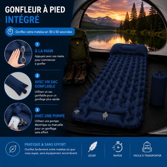 Matelas gonflable camping 2 personnes avec gonfleur à pied intégré, structure en grille losange ergonomique, oreiller intégré et design compact pour randonnée, bivouac et camping en pleine nature.