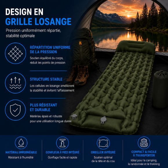Matelas gonflable camping avec structure en grille losange ergonomique, répartition uniforme de la pression, soutien optimal du corps, oreiller intégré et conception résistante pour randonnée, bivouac et camping en plein air.