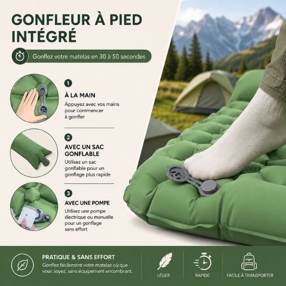 Matelas gonflable TrekRest équipé d’un gonfleur à pied intégré permettant un gonflage rapide en 30 à 50 secondes, avec démonstration des différentes méthodes de gonflage pour le camping, la randonnée et le trekking.