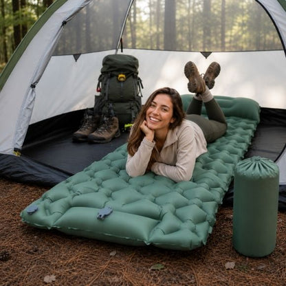 Matelas gonflable de camping vert avec oreiller intégré, installé dans une tente en forêt, avec une campeuse allongée dessus, un sac à dos de randonnée, des chaussures de marche et un sac de transport à proximité.