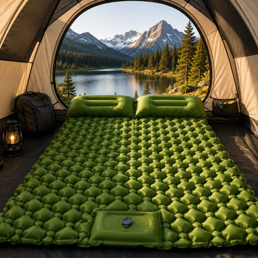 Matelas gonflable DuoRest installé en tente face aux montagnes sauvages.