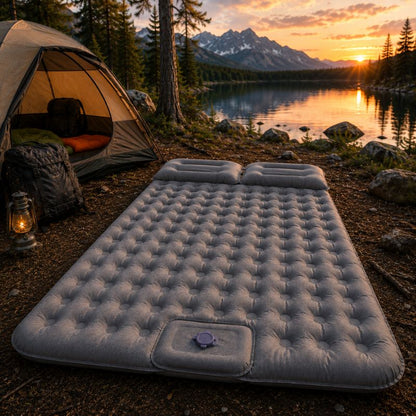 Matelas gonflable DuoRest double installé au bivouac face au lac.