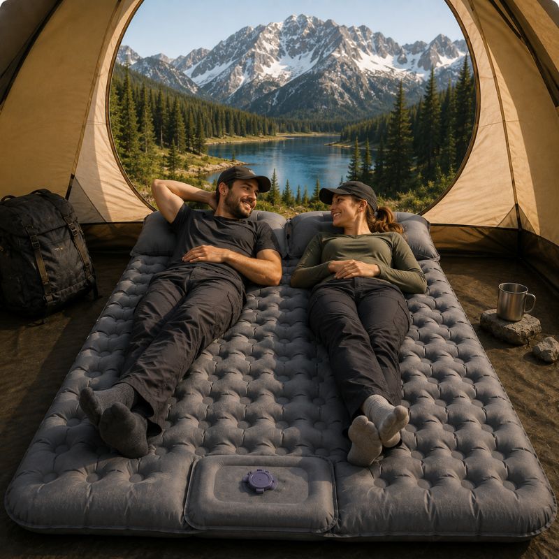 Matelas gonflable DuoRest double accueillant confortablement deux campeurs en tente.