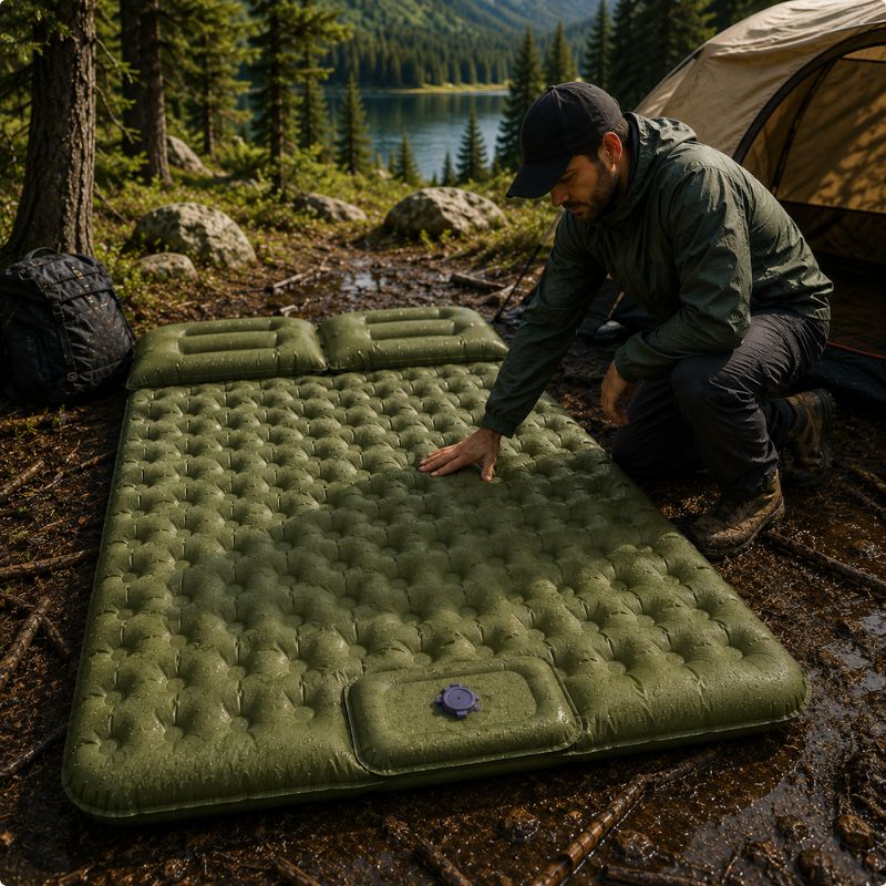 Matelas gonflable DuoRest double résistant installé sur un sol humide.