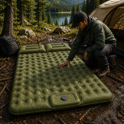 Matelas gonflable DuoRest double résistant installé sur un sol humide.