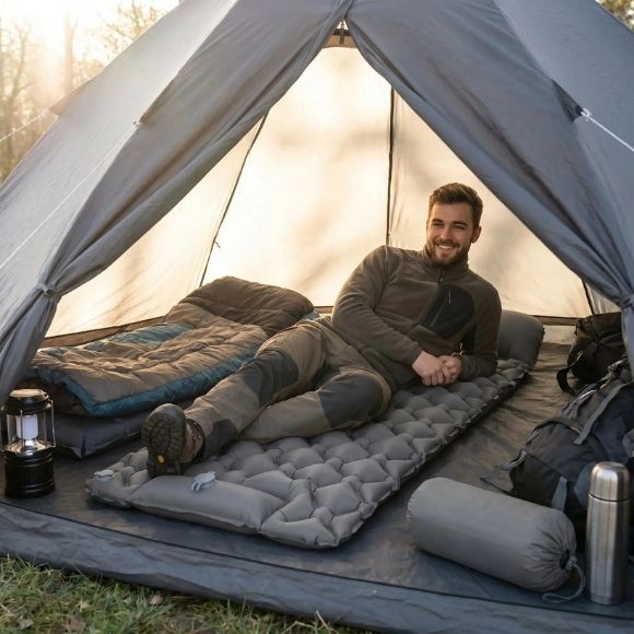 Matelas gonflable de camping gris avec oreiller intégré installé dans une tente, utilisé par un campeur en extérieur.