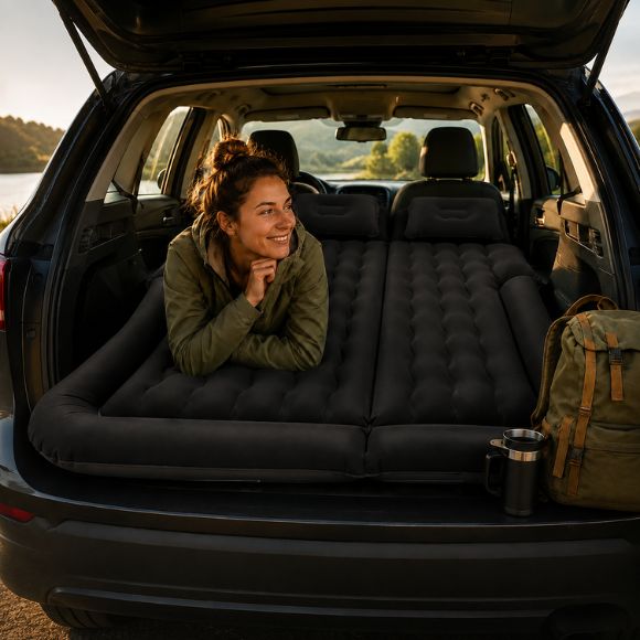 matelas gonflable pour voiture DreamTravel femme reposant après randonnée