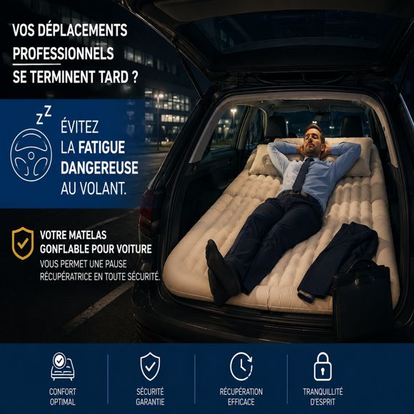 Matelas gonflable pour voiture installé dans le coffre d’un véhicule, permettant à un professionnel en déplacement de faire une pause récupératrice en toute sécurité après une longue journée de travail et avant de reprendre la route.