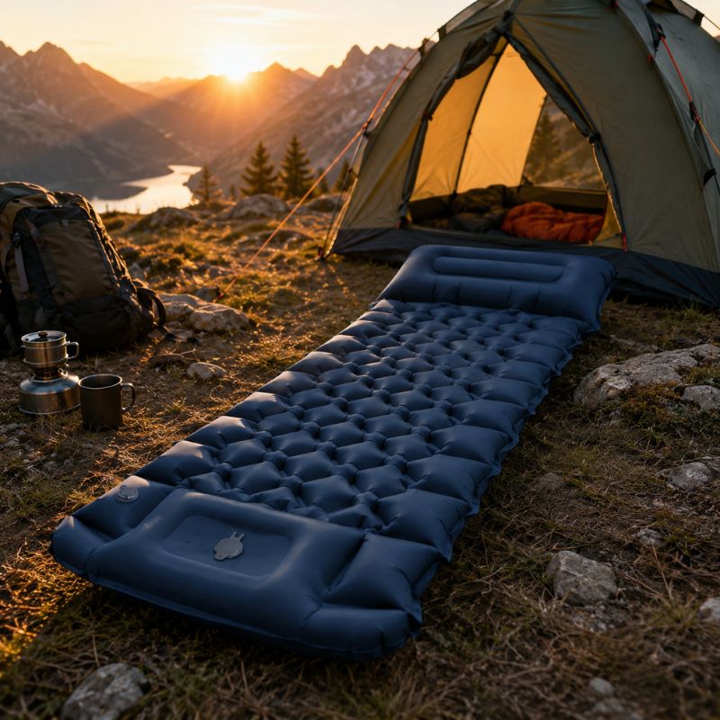 matelas gonflable TrekFlow installé au bivouac face aux montagnes