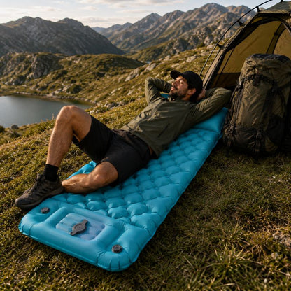matelas gonflable TrekFlow vert installé au bivouac après une randonnée