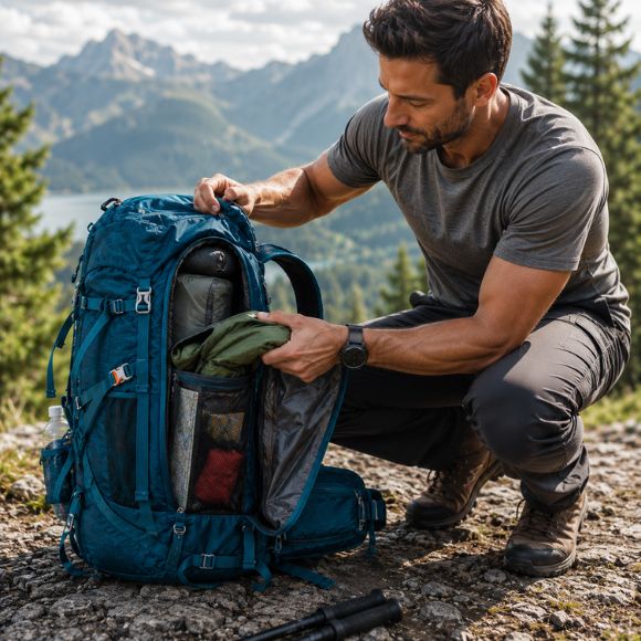 Sac à dos pour randonnée AltitudeX avec ouverture latérale et rangement organisé.