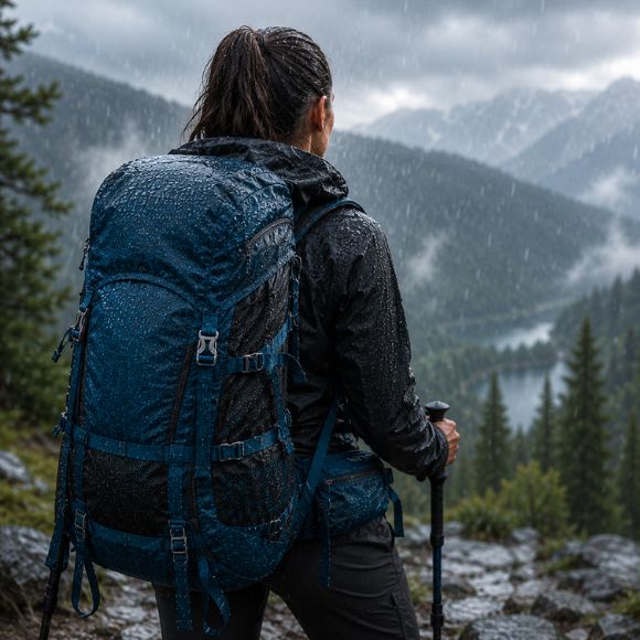 Sac à dos pour randonnée AltitudeX protégeant l'équipement de pluie.