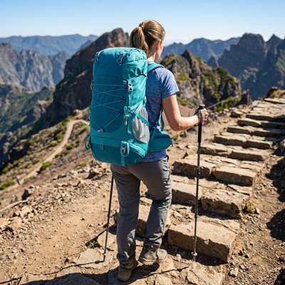 Sac à dos pour randonnée bleu femme gravissant un escalier de montagne.