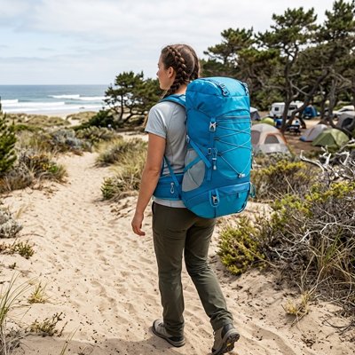 Sac à dos pour randonnée bleu femme près d'un camping en bord de mer.