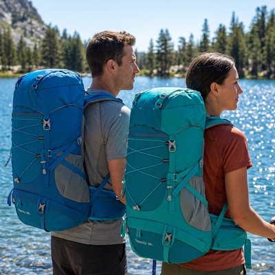 Sac à dos pour randonnée couple au bord d'un lac en montagne.