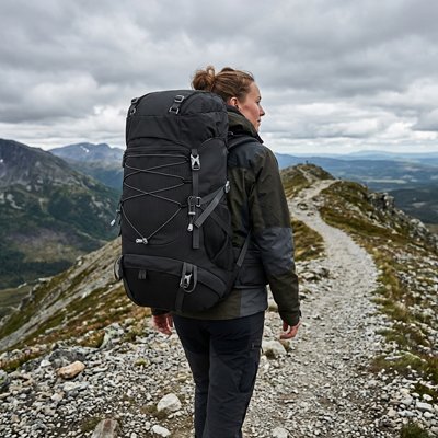 Sac à dos pour randonnée femme en montagne sur un sentier rocheux.
