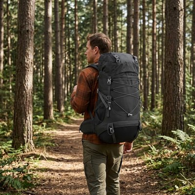 Sac à dos pour randonnée homme marchant sur un sentier en forêt.