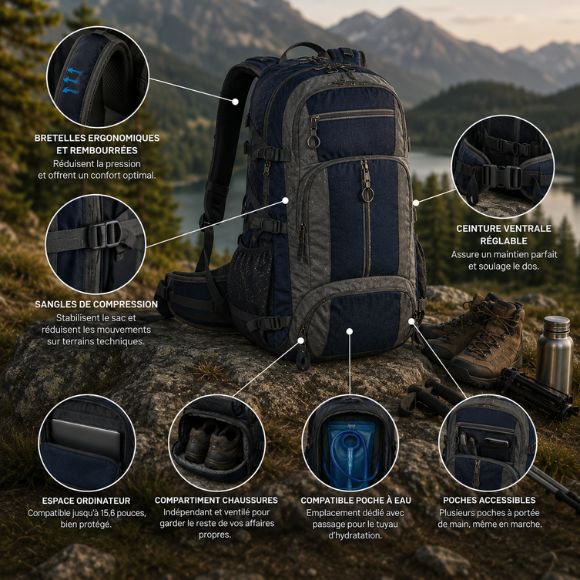 Sac à dos pour randonnée SentierX rangements ergonomiques et compartiments pratiques