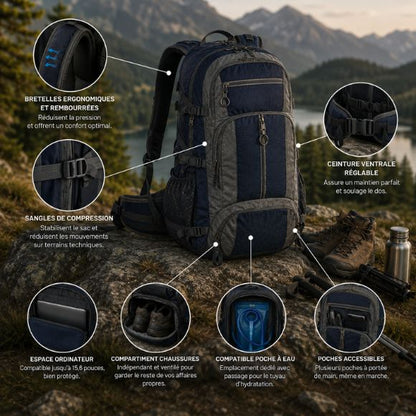 Sac à dos pour randonnée SentierX rangements ergonomiques et compartiments pratiques