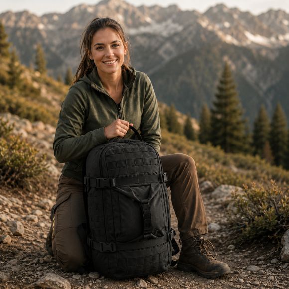 Sac à dos pour randonnée ExpeditionX femme souriante en mode témoignage