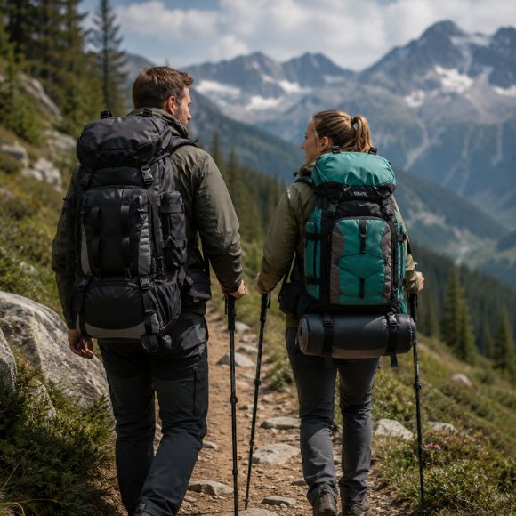 Sac à dos pour randonnée couple explorant sentier montagne avec Trekora.
