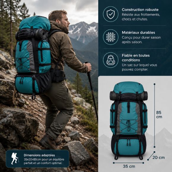 Sac à dos pour randonnée robuste dimensions ergonomiques adaptées aux treks.