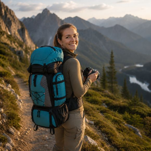 Sac à dos pour randonnée femme souriante posant en montagne.