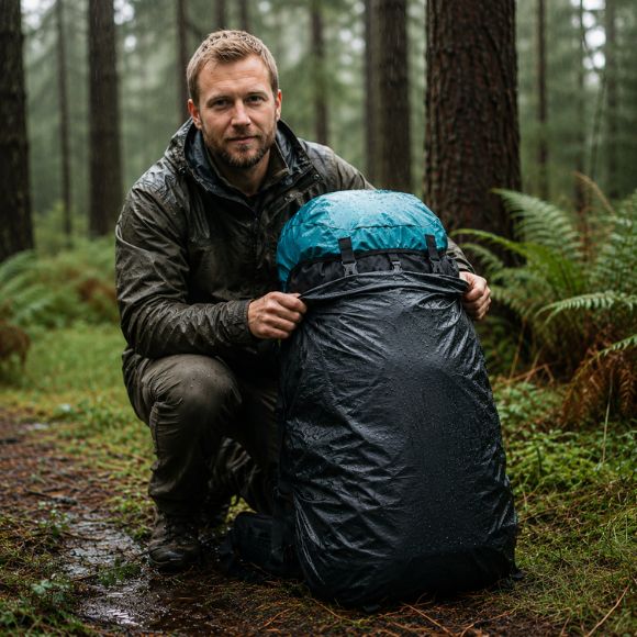 Sac à dos pour randonnée homme souriant protégeant équipement sous pluie.