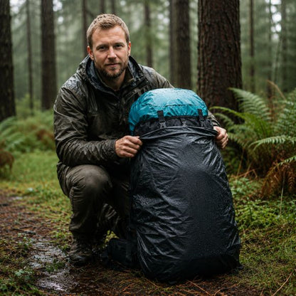 Sac à dos pour randonnée homme souriant protégeant équipement sous pluie.