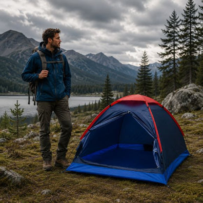 Tente pour bivouac bleue installée en pleine nature avec randonneur équipé, ambiance camping authentique sous ciel nuageux, idéale pour les aventures en plein air.