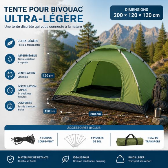 Tente pour bivouac ultra-légère de dimensions 200 x 120 x 120 cm, idéale pour la randonnée, le trekking et le camping nature, avec accessoires inclus et transport facile.