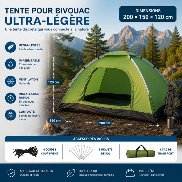 Tente pour bivouac ultra-légère de dimensions 200 x 150 x 120 cm, idéale pour la randonnée, le trekking et le camping nature, avec accessoires inclus et transport facile.