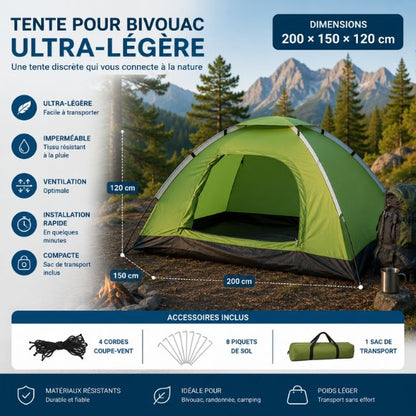 Tente pour bivouac ultra-légère de dimensions 200 x 150 x 120 cm, idéale pour la randonnée, le trekking et le camping nature, avec accessoires inclus et transport facile.