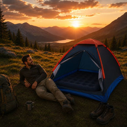 Tente de camping 1 couche avec randonneur confortablement allongé sur un matelas gonflable à l'extérieur de la tente, admirant un coucher de soleil en montagne lors d'un bivouac en pleine nature