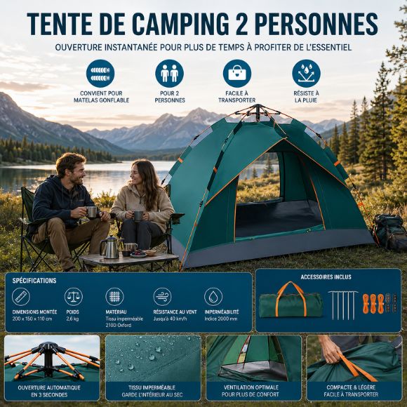 Tente de camping 2 personnes avec ouverture automatique rapide, installée au bord d’un lac de montagne, idéale pour le camping, le bivouac et les escapades en plein air.