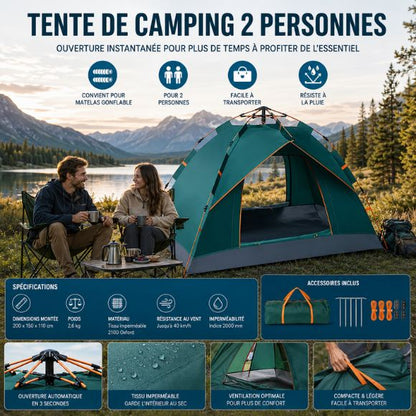 Tente de camping 2 personnes avec ouverture automatique rapide, installée au bord d’un lac de montagne, idéale pour le camping, le bivouac et les escapades en plein air.