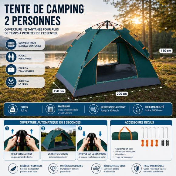 Tente de camping 2 personnes avec ventilation optimale, utilisée lors d’un moment convivial en famille près d’un lac et d’un feu de camp en pleine nature.