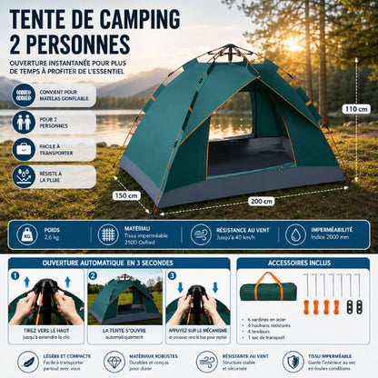 Tente de camping 2 personnes avec ventilation optimale, utilisée lors d’un moment convivial en famille près d’un lac et d’un feu de camp en pleine nature.