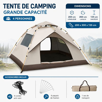 Tente de camping automatique grande capacité 4 personnes avec dimensions 200 x 200 x 135 cm, sac de transport, piquets de fixation et cordes anti-vent inclus pour le camping en plein air.