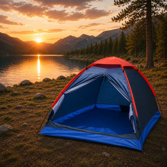 Tente de camping 1 couche installée au bord d’un lac de montagne au coucher du soleil, dans un paysage naturel paisible entouré de forêts et de sommets.