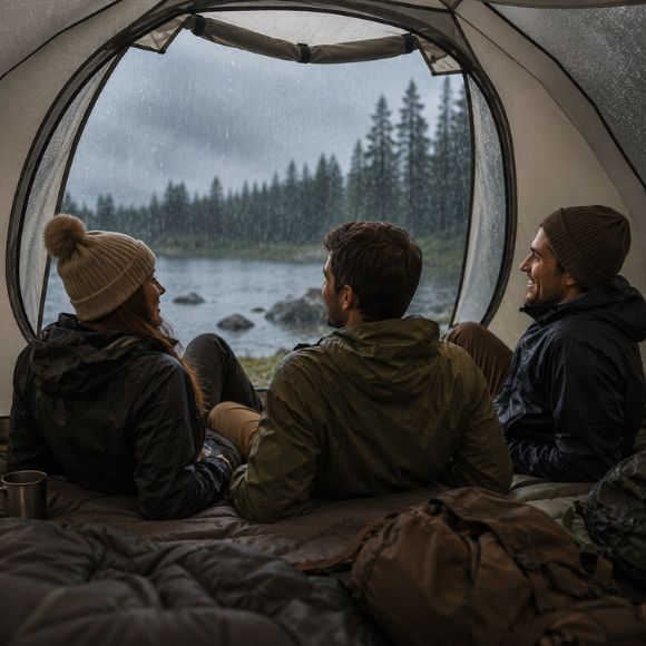 Tente de camping double couche avec des randonneurs assis à l’intérieur, souriants et confortablement installés, observant la pluie tomber à l’extérieur tout en restant protégés du vent et des intempéries.