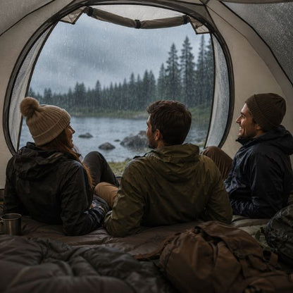 Tente de camping double couche avec des randonneurs assis à l’intérieur, souriants et confortablement installés, observant la pluie tomber à l’extérieur tout en restant protégés du vent et des intempéries.