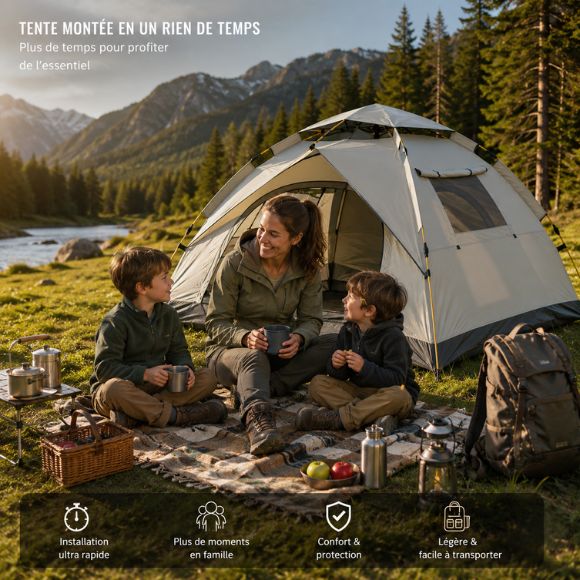 Tente de camping familiale avec une maman et ses deux garçons en tenue de randonnée profitant d'un moment convivial en pleine nature