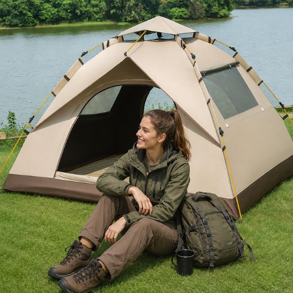 Tente de camping spacieuse installée au bord d’un lac avec une femme en tenue de randonnée assise devant l’entrée, profitant d’un moment de détente en pleine nature avec son sac à dos et son équipement de camping.
